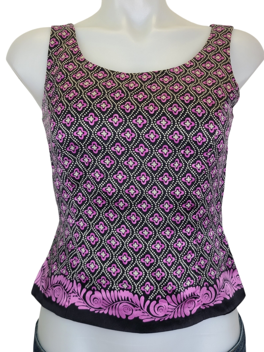 Tahari 100% Silk Black Purple Medallion Print Sleeveless Blouse Top 4P Small XS